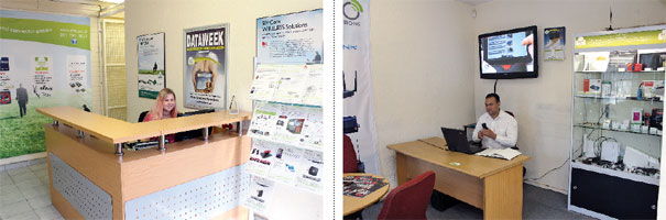 Yolandie Burger (receptionist – left) and Billal Kajee (internal sales) in Otto Wireless Solutions’ new customer area.